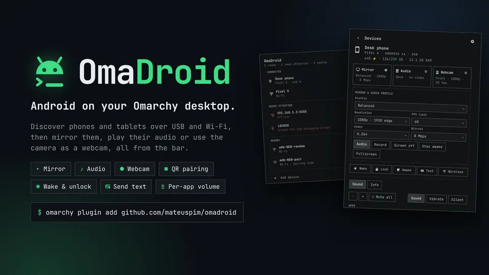 OmaDroid mirroring an Android phone on Omarchy