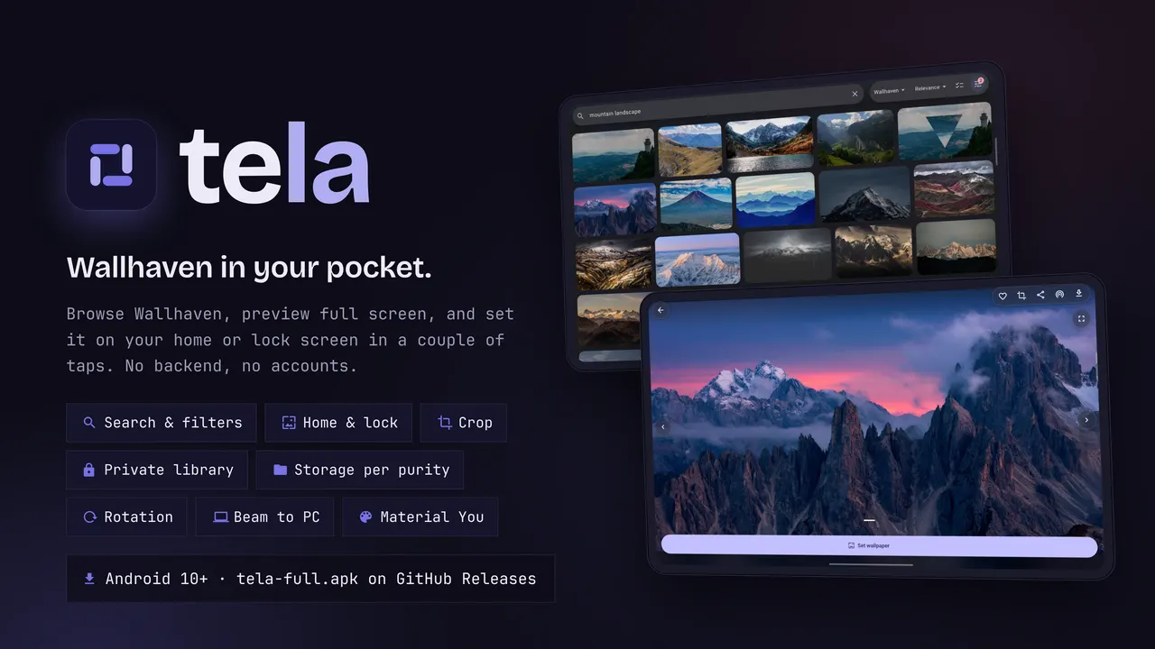 tela on two tablets: a search grid and a wallpaper's detail view